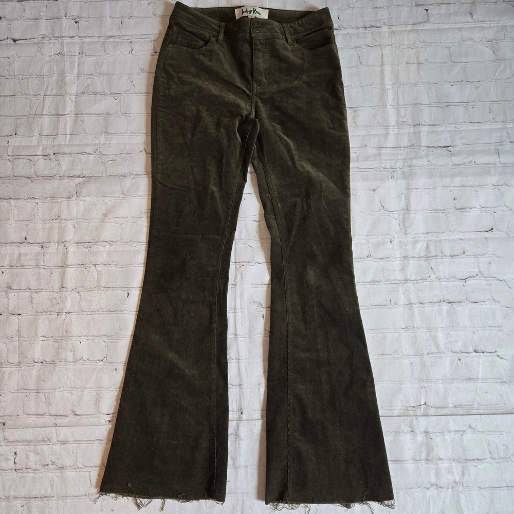 Y2k Olive Green Corduroy Flare Pants Raw Hem Size 9 Boho Retro 70's hippie
